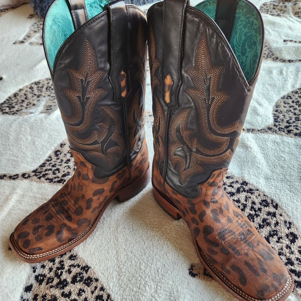 Corral Western Ladies Camel Leopard & Black Embroidery Square Toe Boots
